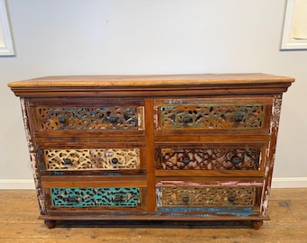 Vintage Hand-Carved Rustic Reclaimed Wood 6-Drawer Dresser / Sideboard