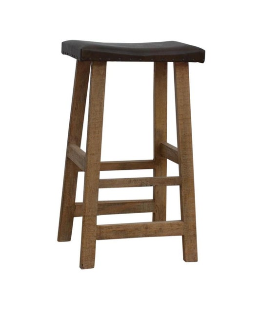 Mango Wood Bar Stool with Leather Upholstered Seat Etsy