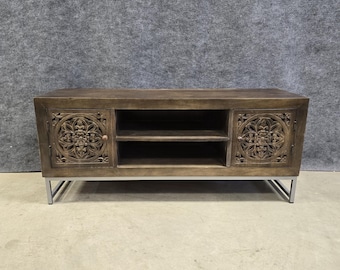 Solid Wood Tv stand with Hand Carved Doors.