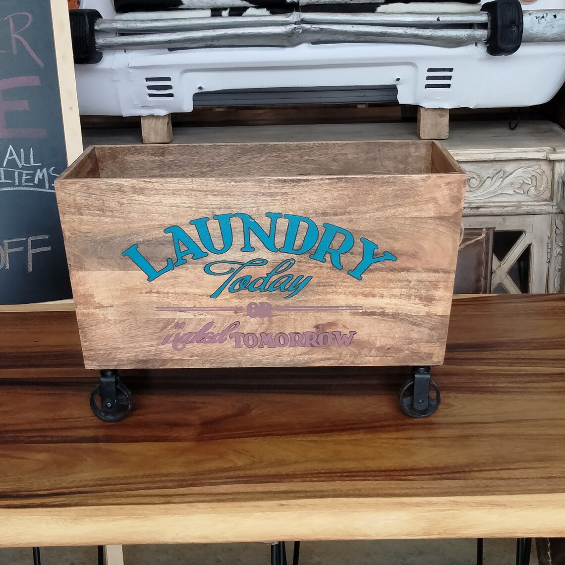 View of Rustic Wooden Crate on Wheels - Etsy
