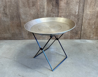 Round Aluminum Side Table w/ Folding Base + Detachable Tray Silver Tone