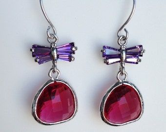 Fuchsia Teardrop and Purple Cubic Zirconia Butterfly Earrings , Drop, Dangle, Glass Earrings, Bridesmaid Gifts,Wedding Jewelry, JEW000123