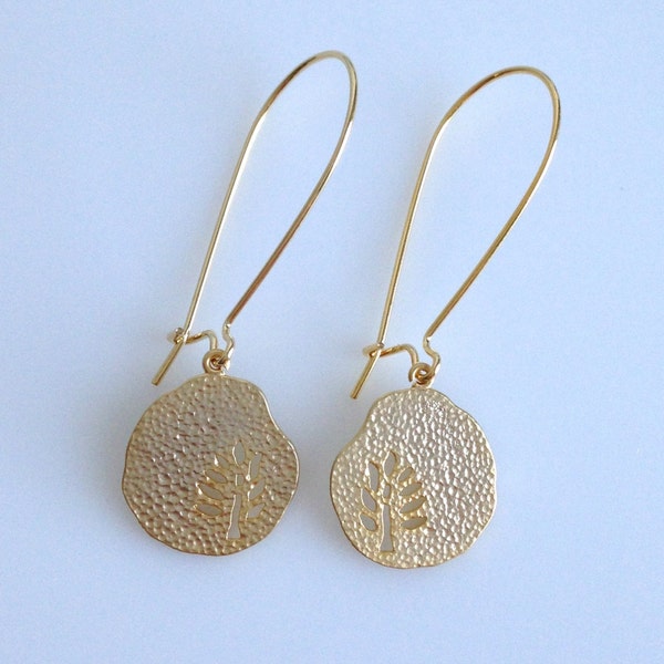 Gold Earrings, Small Tree in Hammered Pear Earrings, Drop Earrings, Dangle earrings, small, cute, everyday jewelry, lovely gift, JEW000121