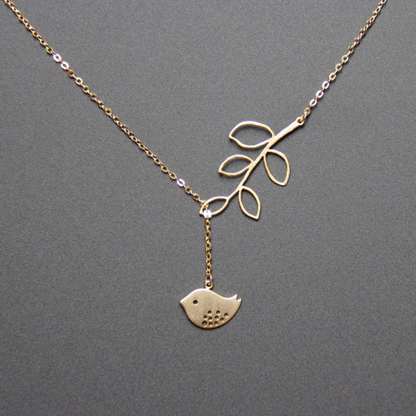 Branch and Bird Lariat Necklace, Branch and Bird necklace, Gold Necklace, bird charm necklace, Modern Bridal necklace, mom gift, JEW000141