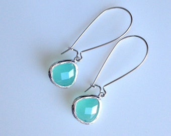 Rhodium Faceted Mint Teardrop Earrings , Drop, Dangle, Glass Earrings, Bridesmaid Gifts,Wedding Jewelry, JEW000108