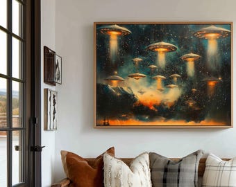 Psychedelic UFO Swarm Poster Print Weird UFO Landscape Modern Painting, Fantasy Nature Rustic Wall Print Airbnb Art, Wall Decor
