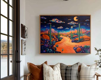 Psychedelic Desert Poster Print Landscape Modern Painting, Nature Calm Relaxing Wall Print Airbnb Art, Wall Decor