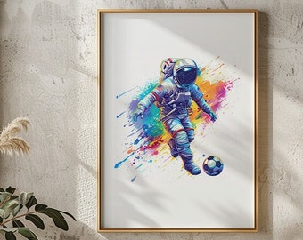 Soccer Astronaut Printable Watercolor Space Modern Painting, Rugged Eccentric Football Wall Print Art Airbnb Art Digital Download