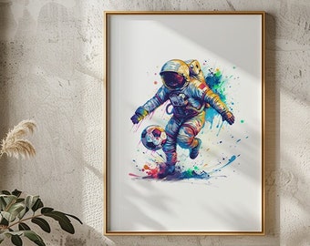 Soccer kick Astronaut Printable Watercolor Space Modern Painting, Rugged Eccentric Football Wall Print Art Airbnb Art Digital Download