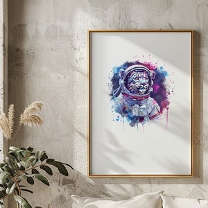 Snow Leopard Astronaut Printable Watercolor Space Modern Painting, Rugged Eccentric Animals Wall Print Art Airbnb Art Digital Download
