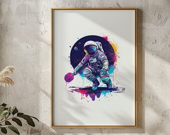 Ping Pong Astronaut Printable Watercolor Space Modern Painting, Rugged Eccentric Wall Print Art Airbnb Art Digital Download