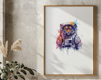 Tiger Astronaut Printable Watercolor Space Dripping Modern Painting, Rugged Eccentric Animals Wall Print Art Airbnb Art Digital Download
