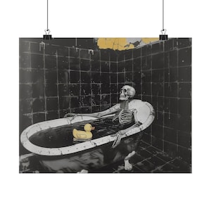Skeleton in the Bath with a Rubber Ducky Poster Painting Gothic Modern Painting, Halloween Eccentric Wall Print Art Airbnb Art, Wall Decor