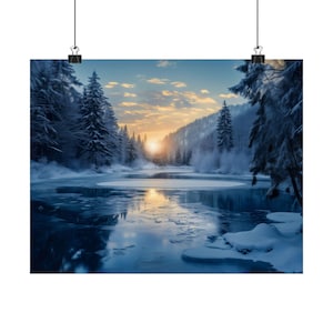 Winter Frozen Lake Poster Print Landscape Modern Painting, Outdoor Nature Snow Wall Print Airbnb Art, Wall Decor