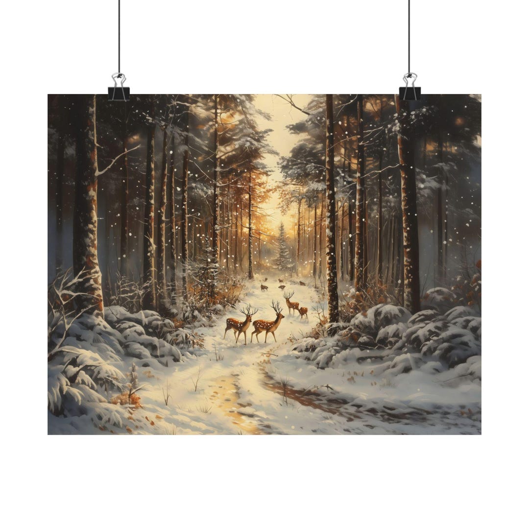 Forest Deer in Winter Poster Print Landscape Modern Painting, Outdoor ...