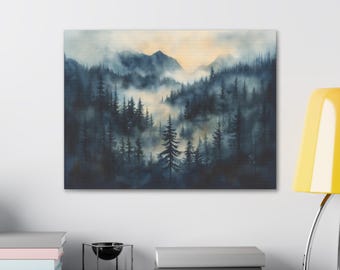 Cuadro moderno de paisaje con amanecer en un bosque brumoso, impresión artística original para pared, ideal para Airbnb.