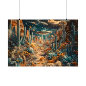 Wild UFO Desert Poster Print Weird UFO Landscape Modern Painting, Fantasy Nature Rustic Wall Print Airbnb Art, Wall Decor
