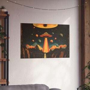 Abduction Amongst The Planets Poster Print Weird UFO Landscape Modern Painting, Fantasy Nature Rustic Wall Print Airbnb Art, Wall Decor