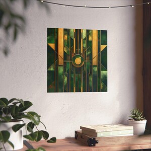 Sleek Green and Gold Art Deco 1920s Poster Print | Bold statement vibrant metallic look Geometric Colorful Shapes zig zags Rustic Art