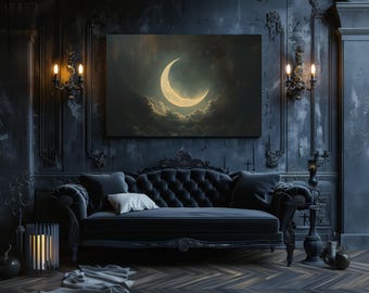 Impresión en lienzo de paisaje con luna creciente y cielo, pintura moderna, impresión de pared nocturna de naturaleza al aire libre, arte de Airbnb, decoración de pared