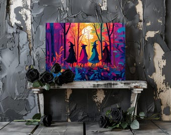 Witch Geometric Canvas Gothic Modern Painting, Halloween Eccentric Wall Print Airbnb Art, Wall Decor