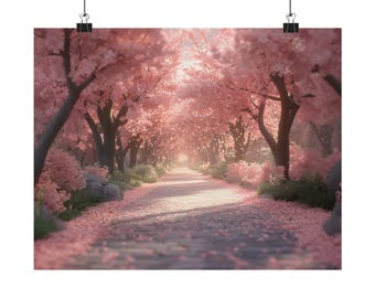Cherry Blossom Tunnel Poster Print Landscape Modern  Painting, Outdoor Nature Spring Wall Print Airbnb Art, Wall Decor