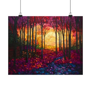 Póster con impresión de vidrieras de bosque rojo estilo otoño, paisaje, pintura moderna, naturaleza, calma, relajación, impresión de pared, arte de Airbnb, decoración de pared