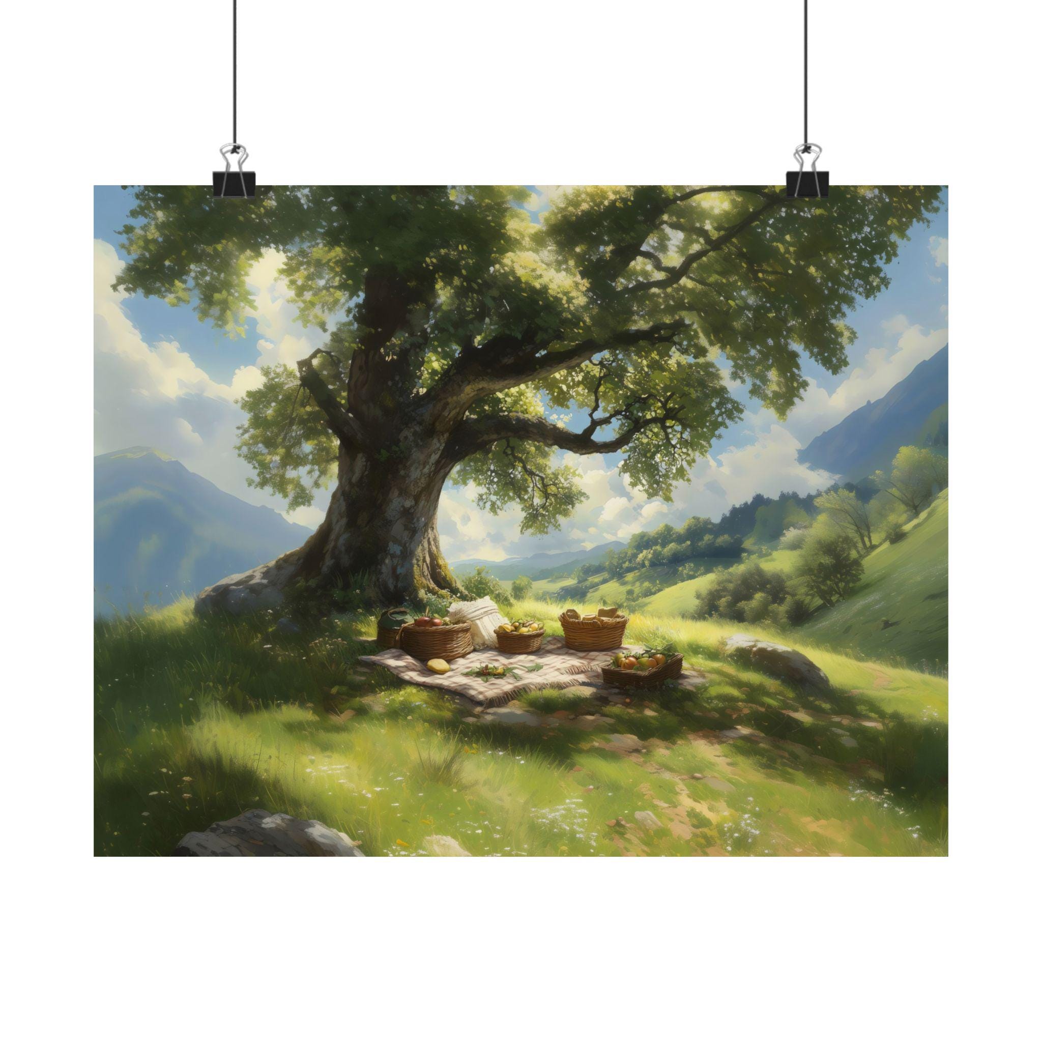 Vintage Mountain Spring Picnic Poster Print Landscape Modern Painting, Outdoor Nature Flowers Wall Print Airbnb Art, Wall Decor
