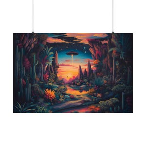 Psychedelic UFO Desert Poster Print Weird UFO Landscape Modern Painting, Fantasy Nature Rustic Wall Print Airbnb Art, Wall Decor