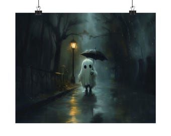 Ghost Umbrella Rain Poster Night Painting Gothic Modern Painting, Halloween Eccentric Wall Print Art Airbnb Art, Wall Decor
