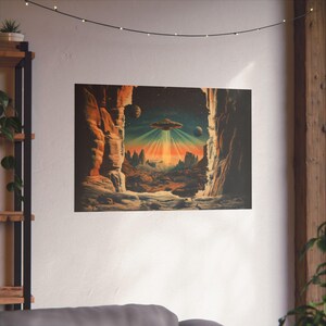 Desert Planet UFO Landing Poster Print Weird UFO Landscape Modern Painting, Fantasy Nature Rustic Wall Print Airbnb Art, Wall Decor