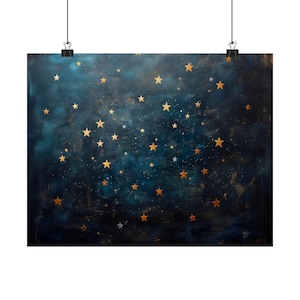 Goldene Sterne, die im Himmel hängen, Plakat-Druck Landschafts-moderne Malerei, im Freien Natur rustikale Nachtwand-Druck Airbnb-Kunst, Wanddekor