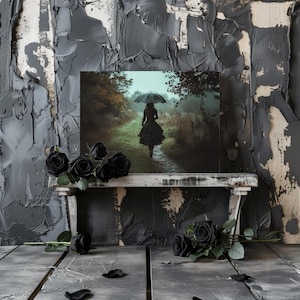 Woman With an Umbrella Portrait Canvas Gothic Modern Painting, Halloween Eccentric Wall Print Airbnb Art, Wall Decor