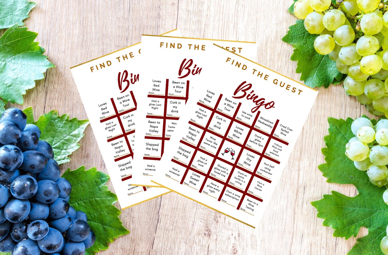 Wine party Find the Guest BINGO Wine Edition Print at Home - INSTANT DOWNLOAD - 5 Individual Games Cards