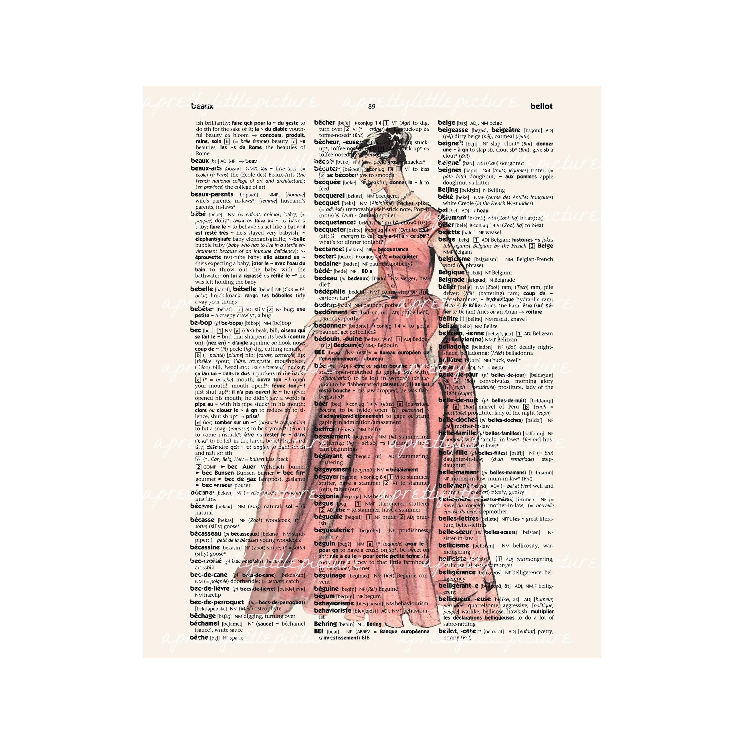 Vintage Fashion Lady Art Print on French Dictionary Page - Etsy