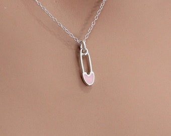 Sterling Silver Pink Safety Pin Charm Necklace
