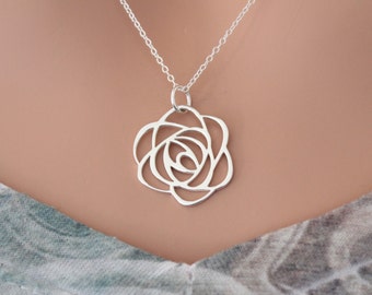 Sterling Silver Rose Pendant Necklace, Silver Rose Necklace, Openwork Rose Charm Necklace, Rose Necklace, Art Deco Rose Charm Necklace