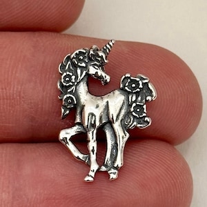Sterling Silver Flower Maned Unicorn Charm, Silver Flower Maned Unicorn Pendant, Silver Fancy 3D Unicorn Charm, Fancy Unicorn Pendant