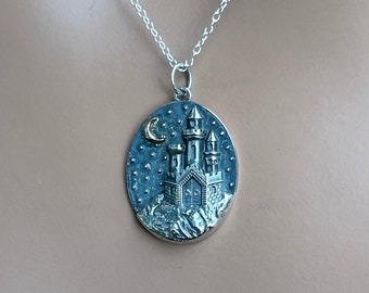 Sterling Silver Castle Necklace: Bronze Moon Charm