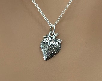 Sterling Silver Strawberry Charm Necklace, Silver Strawberry Necklace, Silver Textured Strawberry Necklace, Silver Strawberry Necklace