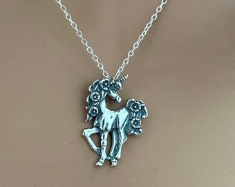 Sterling Silver Prancing Unicorn with a Flower Mane Necklace, Silver Prancing 3D Unicorn Necklace, Silver Flower Maned Unicorn Necklace