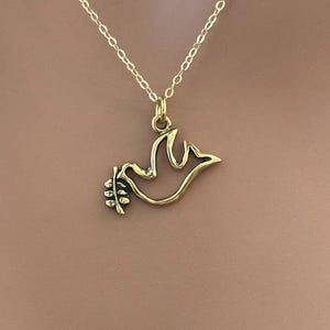 Gold Plated Peace Dove Charm on a 14K Gold Plated Necklace, Gold Plated Dove with Olive Branch Charm on a 14K Gold Plated Necklace