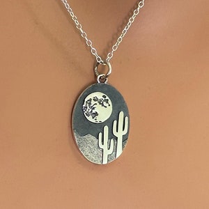 Sterling Silver Etched Moon and Cactus Necklace, Silver Etched Moon and Cactus Necklace, Etched Moon Cactus Necklace, Moon Cactus Necklace