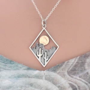 Sterling Silver Cactus Necklace: Diamond Desert Sun Pendant