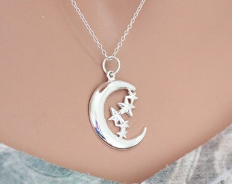 Sterling Silver Moon with Stars Charm Necklace, Silver Moon with Stars Charm Necklace, Moon with Stars Charm Necklace, Moon Stars Necklace