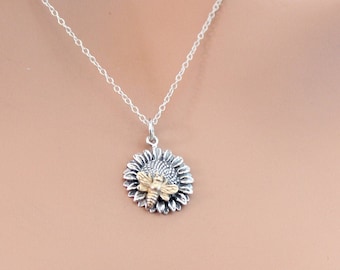 Sterling Silver Sunflower Charm with Bronze Bee Necklace, Sterling Silver Sunflower Charm with Bee Necklace, Sunflower with Bee Necklace