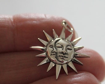 Sterling Silver Sun and Moon Face Charm Necklace