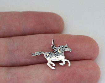 Sterling Silver Horse Charm with Mountains and Bronze Moon, Silver Horse Charm with Mountains and Bronze Moon, Silver Horse Mountains Charm
