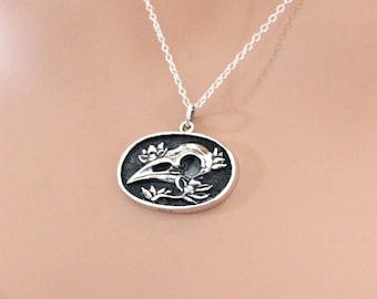 Sterling Silver Raven Skull & Flower Charm Necklace