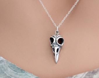 Sterling Silver Bird Skull Necklace: Large Gothic Pendant